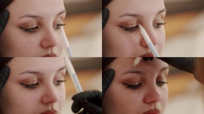 美容师用白色铅笔画出正确的眉毛形状