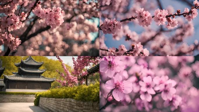 樱花古建筑 仿古建筑樱花粉色樱花A025