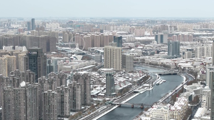 天津海河天津之眼摩天轮雪景航拍