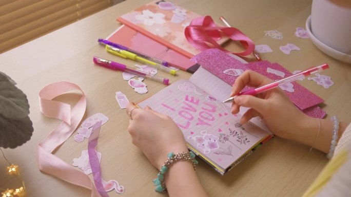 一个十几岁的女孩做剪贴簿，在日记里写满了“我爱你”的字样，满是为情人节用纸和笔准备的贴纸