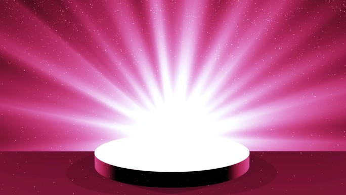 在深粉色的背景上是一个有台阶的讲台，背景是光线。动画与空讲台和光效与飞行粒子。