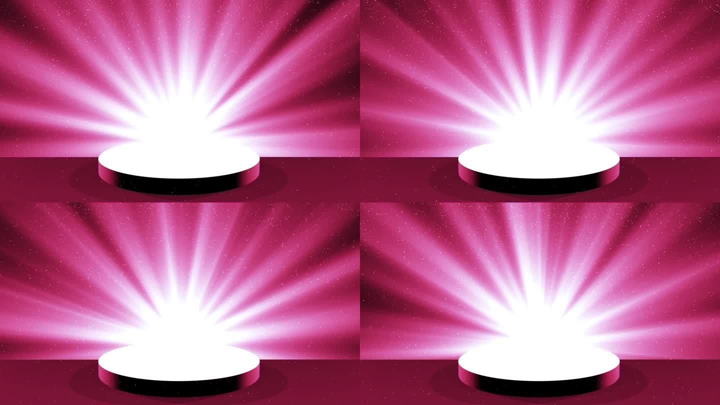 在深粉色的背景上是一个有台阶的讲台，背景是光线。动画与空讲台和光效与飞行粒子。