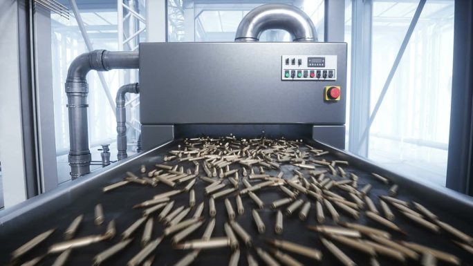 子弹生产，工厂。生产线。战争的概念。逼真的4k动画。