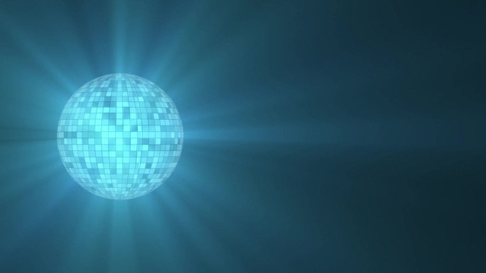 Glowing blue disco ball with rays of light. Animat