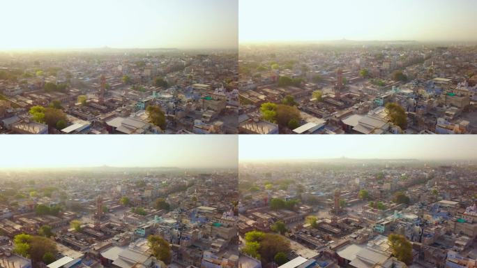 无人机拍摄的焦特布尔钟楼和繁忙的街道，印度