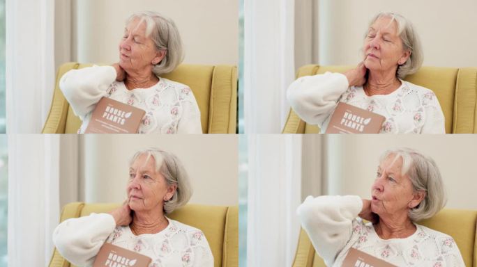 颈部疼痛、焦虑和老年女性在沙发上阅读时出现关节炎、骨质疏松或姿势问题。关节、损伤和老年女性在客厅与纤