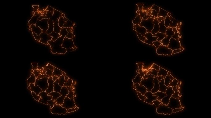 坦桑尼亚国家地图与所有国家霓虹灯轮廓动画。
