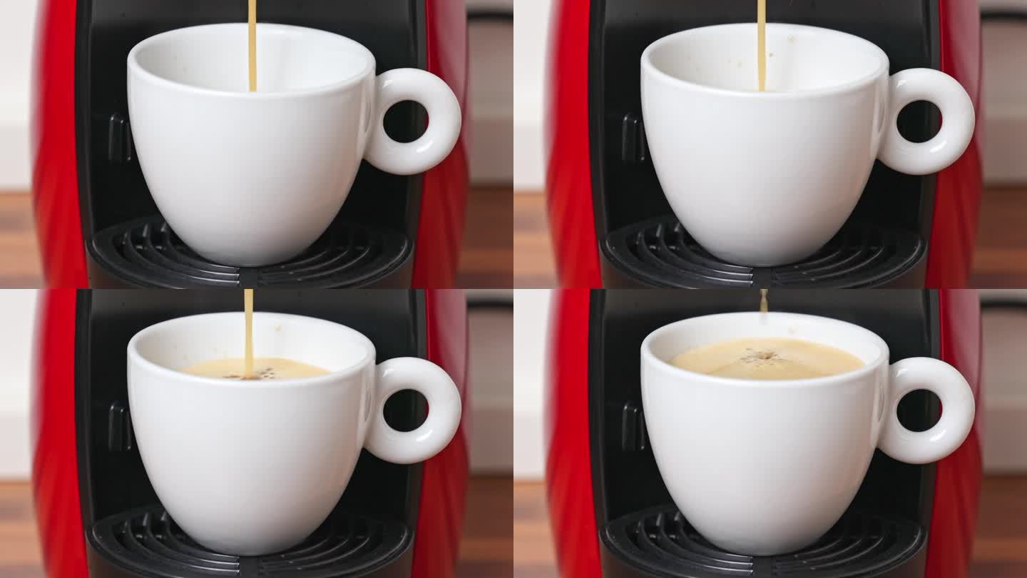 咖啡机将一股浓郁的咖啡流进杯子
