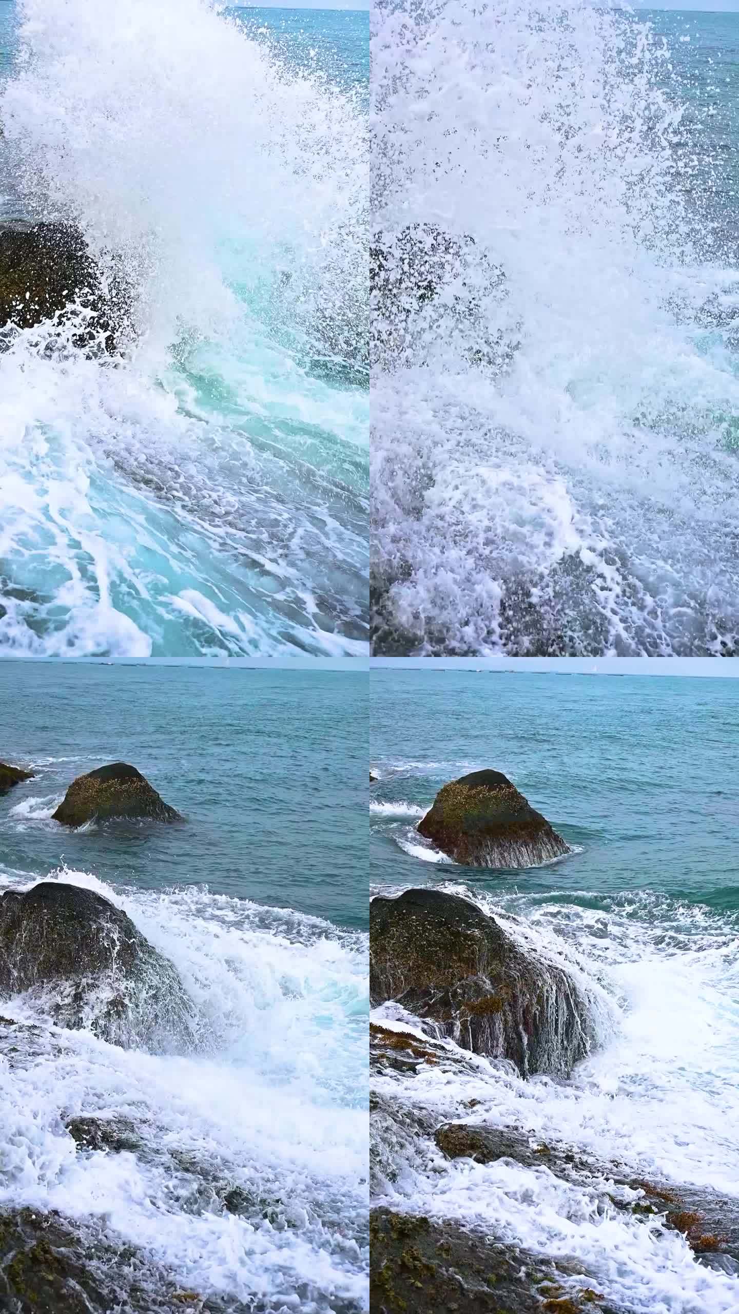海浪浪花拍打礁石