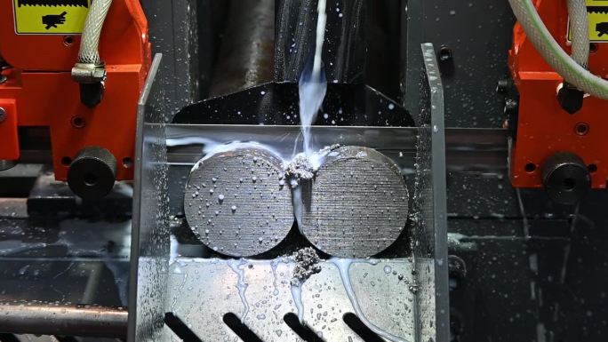 带锯切割机采用冷却液法切割金属轴类零件。