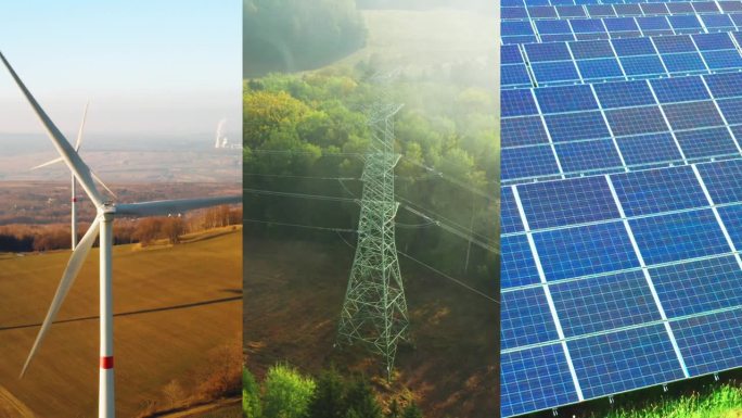 可再生绿色能源拼贴与太阳能电池板，风车和塔。