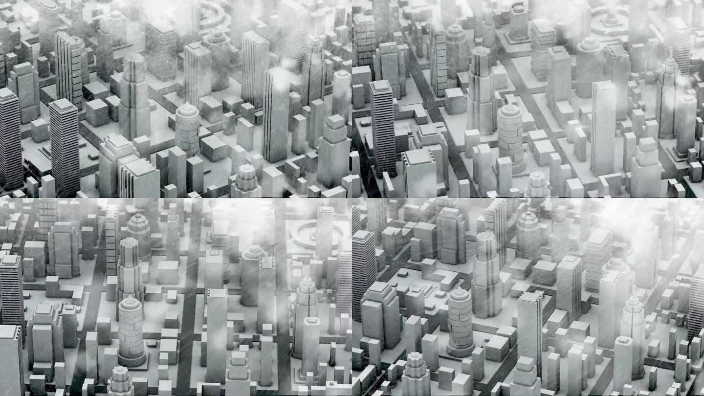 未来城市的灰度三维模型。气候变化导致的大暴雪