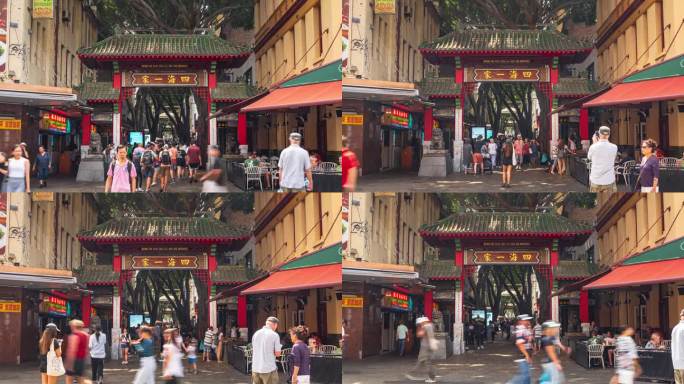 澳大利亚新南威尔士州干草市场soho区的悉尼唐人街，拥挤的人群和游客步行观光的延时镜头