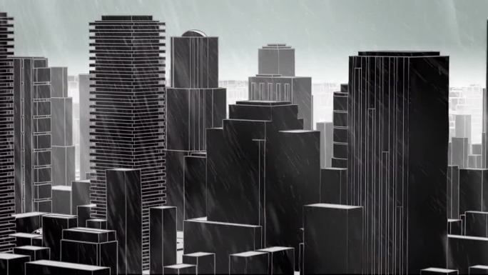 未来城市的灰度三维模型。由于气候变化导致的大雪和暴风雪。卡通风格