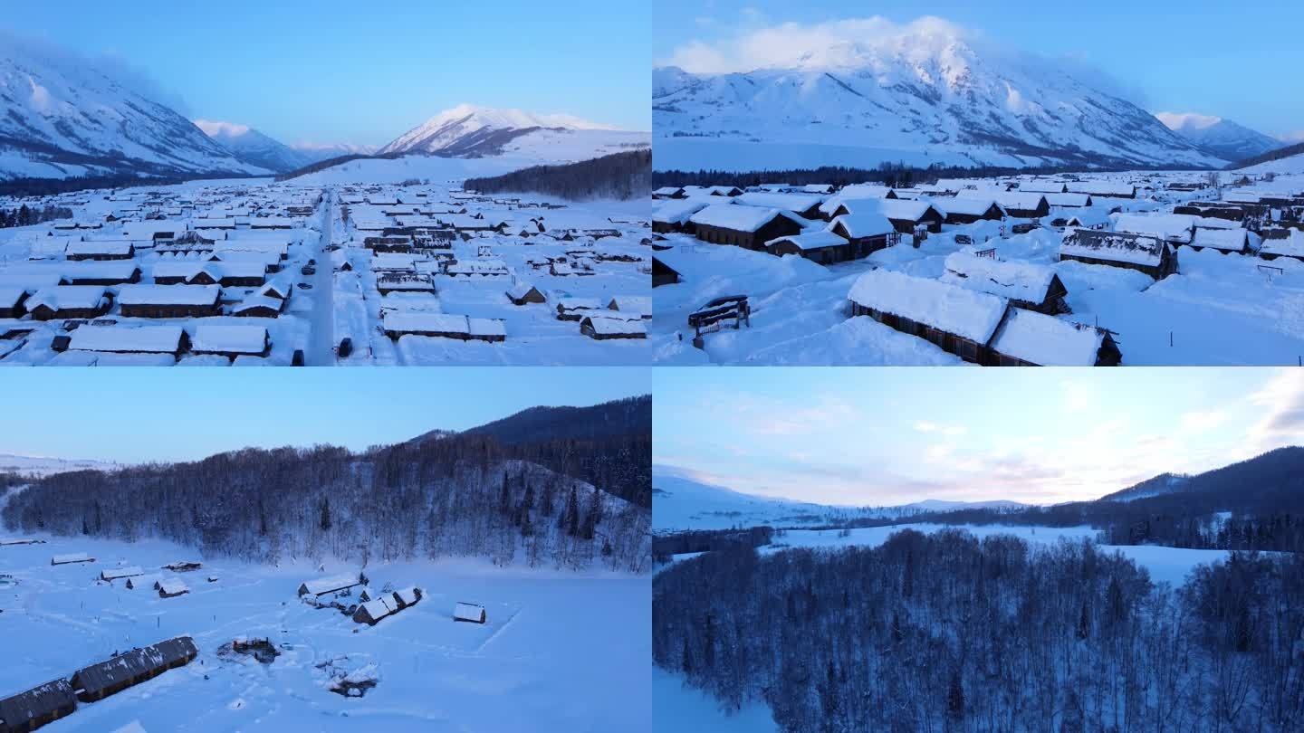 新疆阿勒泰禾木村航拍雪乡，冬季旅游
