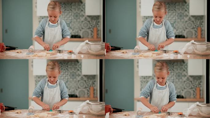 独立，学习或女孩在厨房烘焙饼干糕点或烹饪食谱准备在家里。形状，面团或幼儿烹饪早餐的技能发展在一个单独