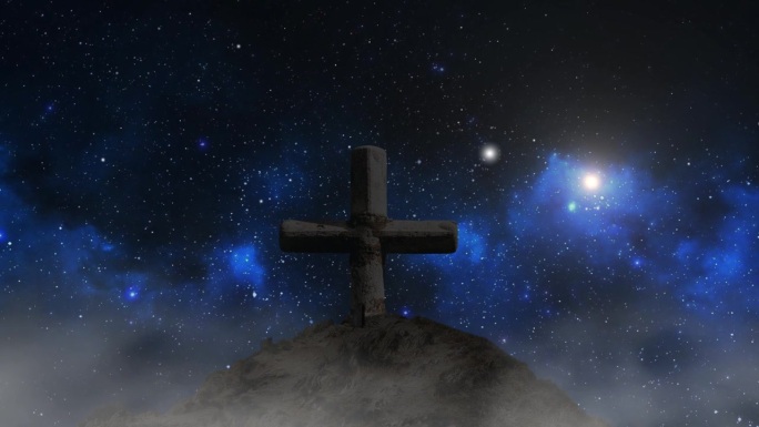 石头十字架与夜间星星的背景。