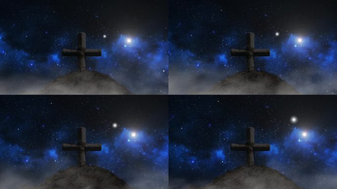 石头十字架与夜间星星的背景。