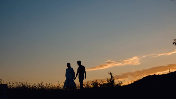 傍晚夕阳下拉手散步的情侣剪影