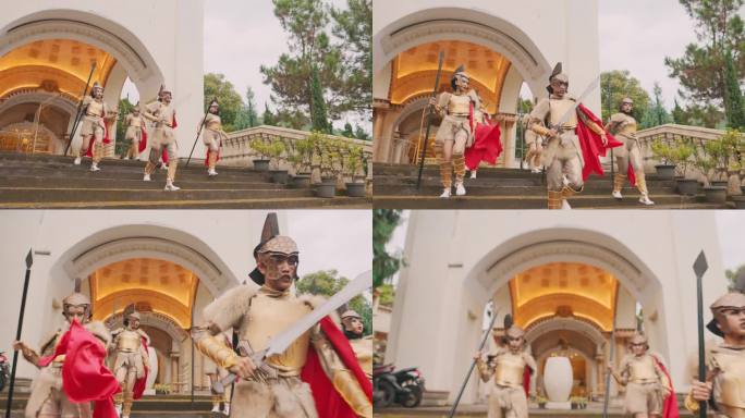 一群身穿金色盔甲的士兵一起走下皇家斗兽场的台阶，与敌人作战