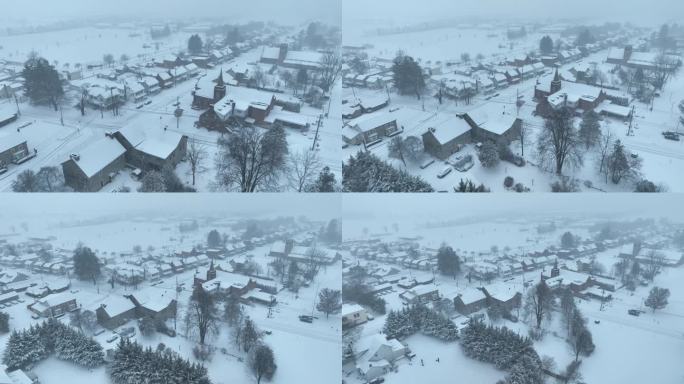 暴风雪中美国的一个乡村小镇。空中揭示。