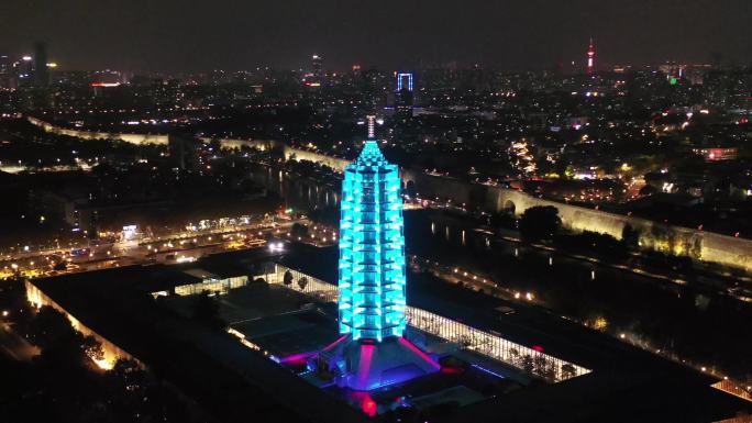 南京中华门大报恩寺琉璃塔地标夜景航拍4k