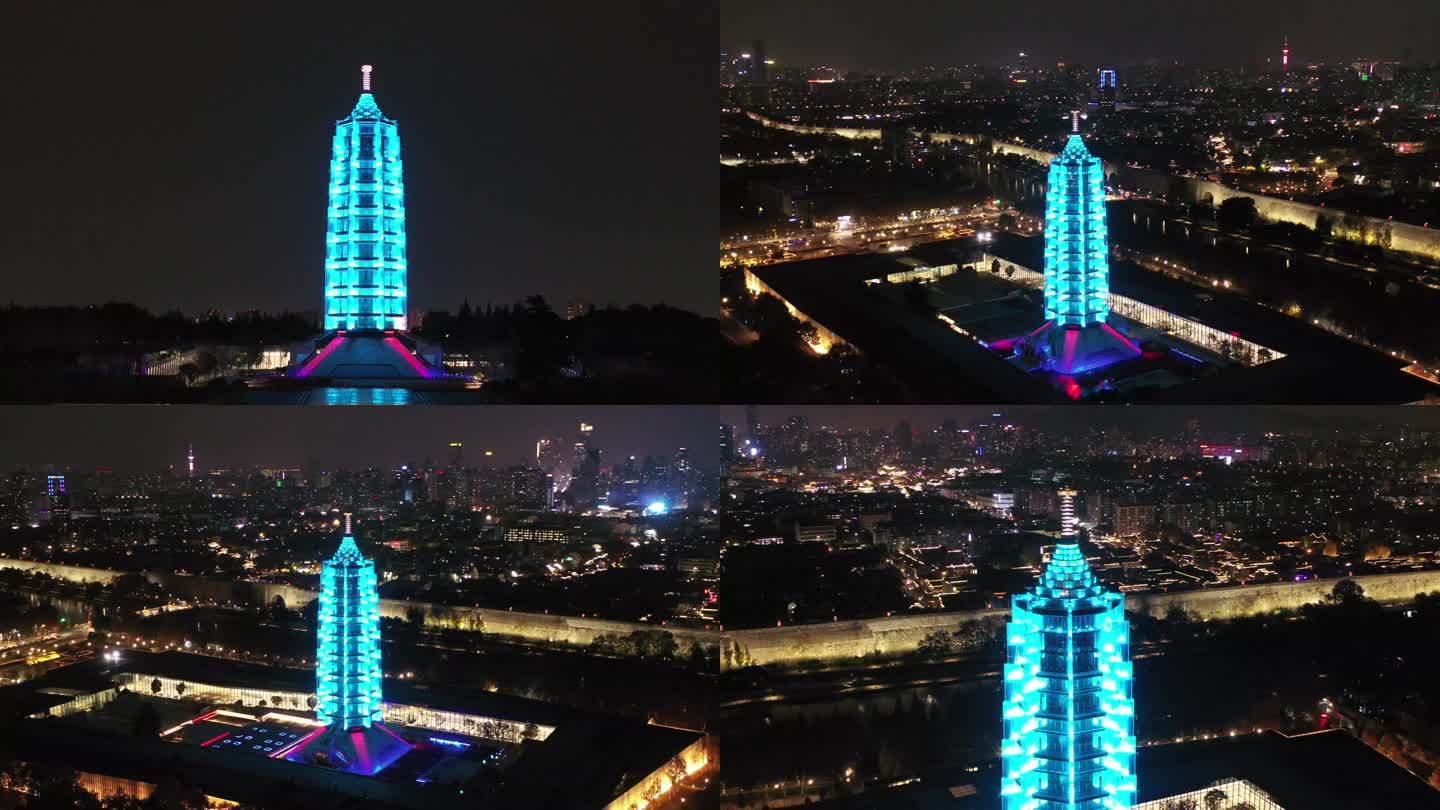 南京中华门大报恩寺琉璃塔地标夜景航拍4k