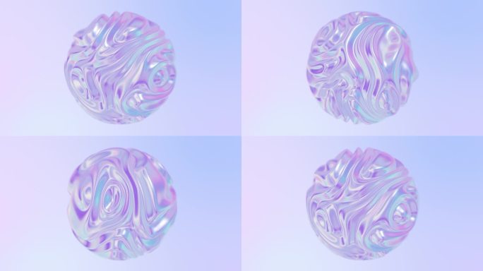 动画全息合成液体弯曲球在一个黑暗的背景。三维抽象催眠彩虹。玻璃，透明，水球，激光波球蓝色环。时尚光滑