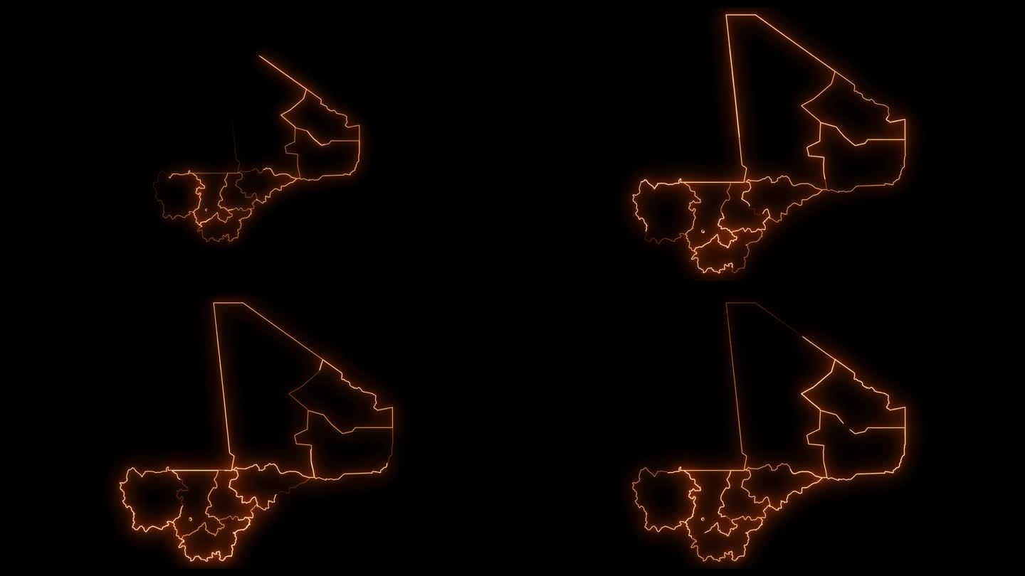 马里国家地图与所有国家霓虹灯轮廓动画。