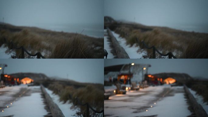 北海海岸上飘着雪花，摇曳着马兰草，照亮了长廊。沙丘草在风和雪中摇摆在冬天的北海海岸线上的叙尔特岛。