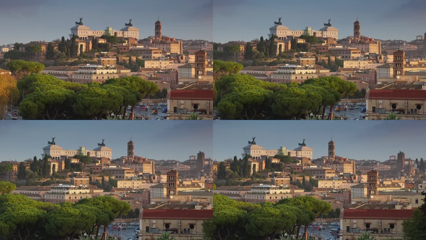意大利罗马清晨的摇摄镜头。从罗马观景广场观看日出。圣坛，古老的房屋和教堂