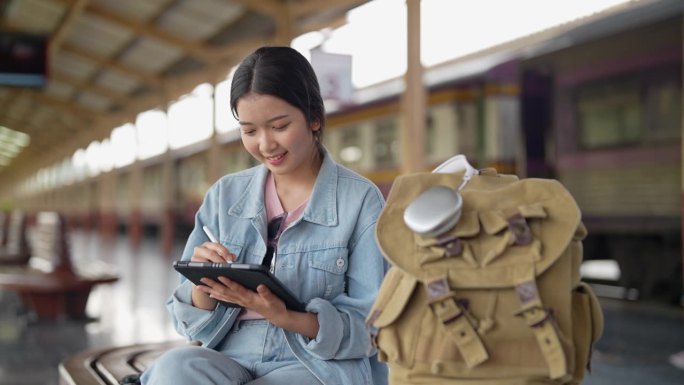 一名亚洲女性旅行者在火车站坐着等火车，用平板电脑记录她的旅程