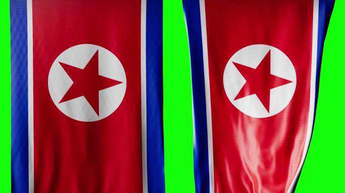 卷成圆柱形的朝鲜国旗在旋转时展开并起伏