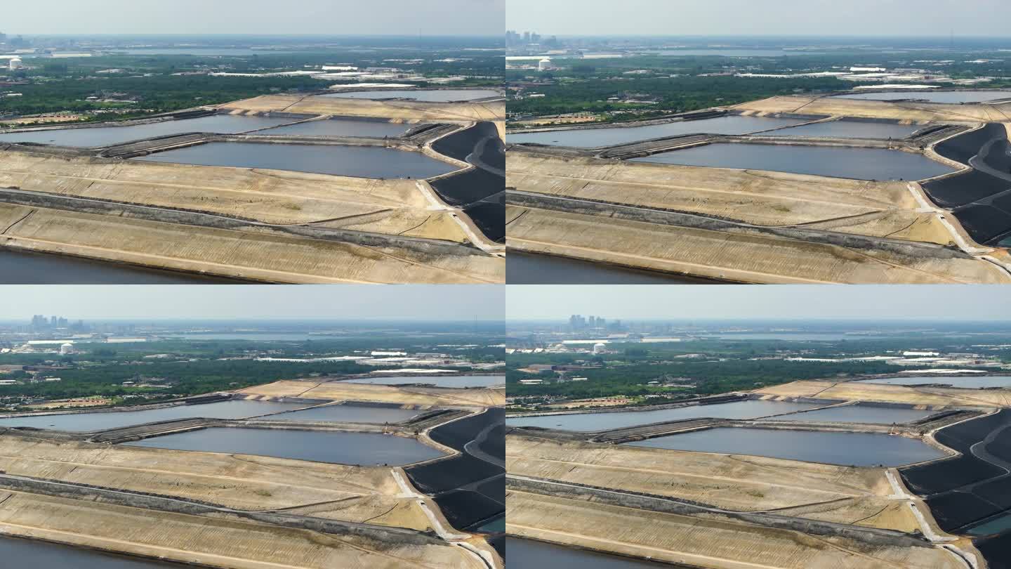 佛罗里达州坦帕附近的大型露天磷石膏废物堆鸟瞰图。磷肥生产副产物处理的潜在危险