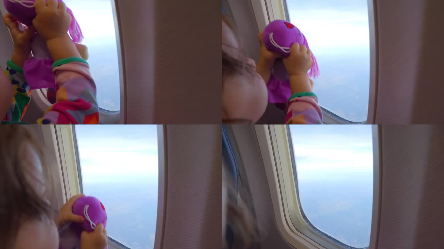 一个拿着玩具的孩子凝视着飞机窗外，以120fps的4k慢动作拍摄