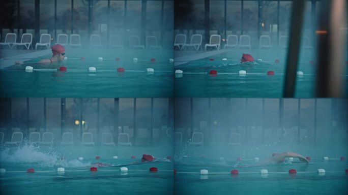 坚定的女游泳运动员在豪华旅游胜地雾池练习自由泳的侧视图