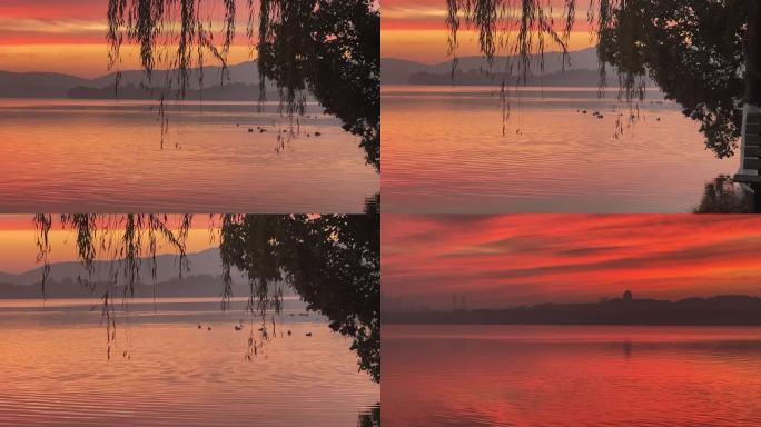 西湖风景清晨红色日出朝阳素材