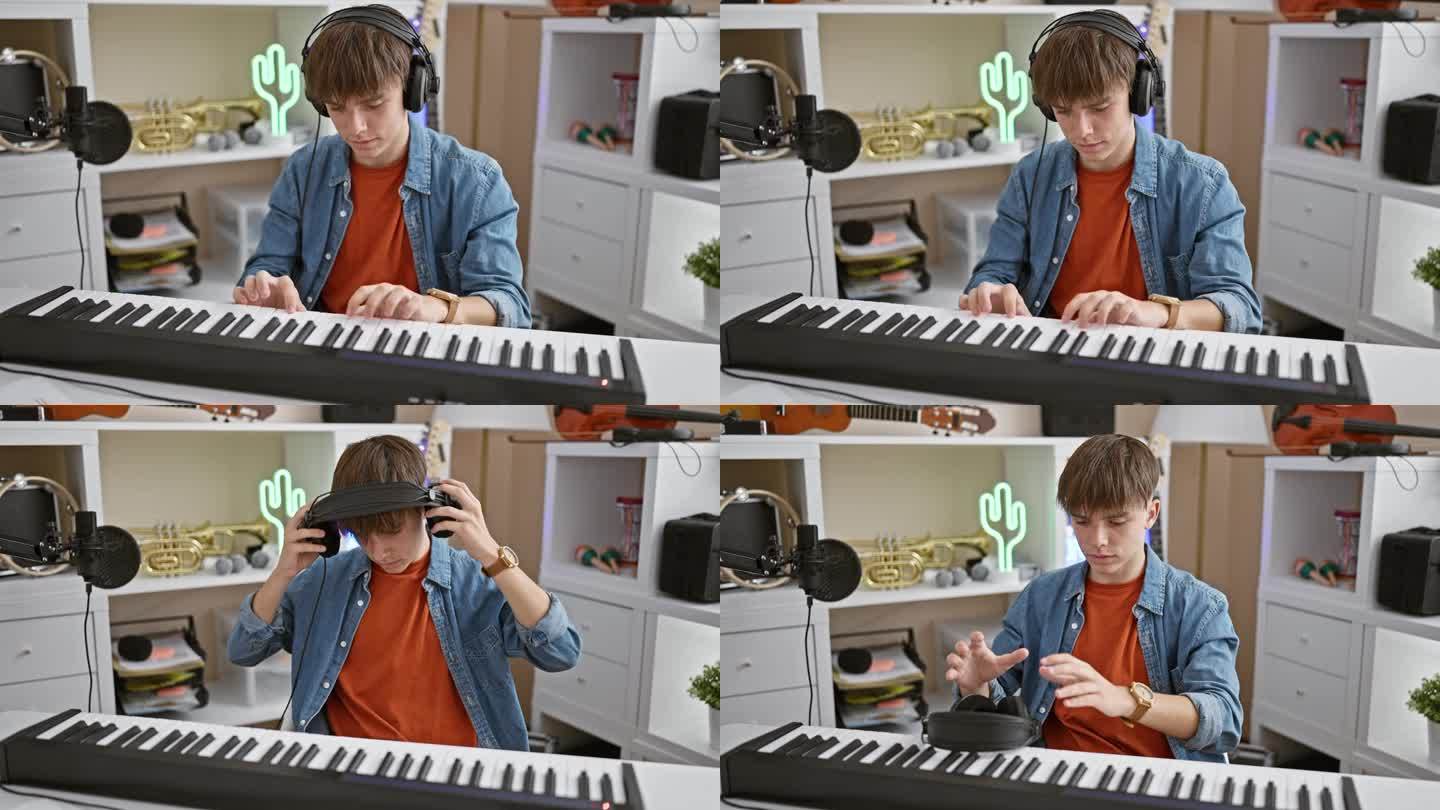 白人少年在录音室里用录音设备弹奏键盘