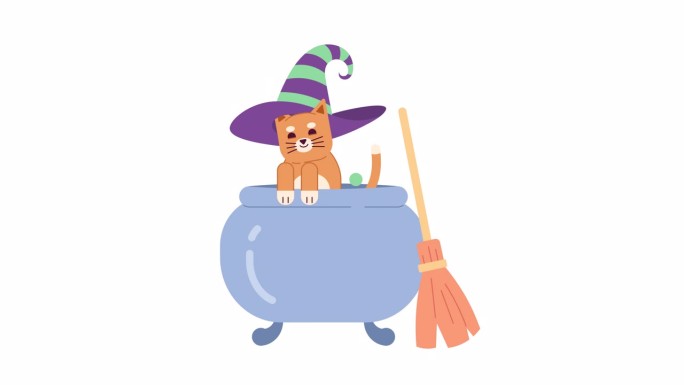 女巫帽猫跳出大锅的2D动画