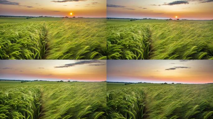 运动控制时间流逝日落在绿色小麦作物