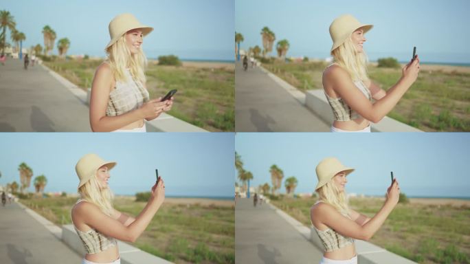 一名年轻的女游客在暑假期间用智能手机拍了一张海滩照片，并上传到了她的社交网络上