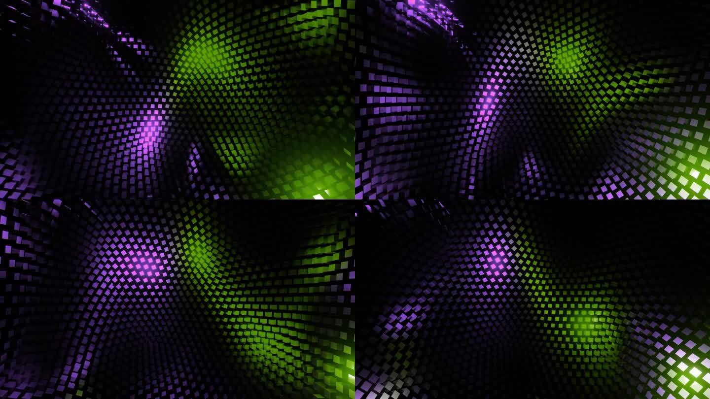 紫色绿色旋转立方体的抽象背景。Vj循环阻止旋转。矩形的表面。三维动画无缝循环的现场音乐会音乐视频。运