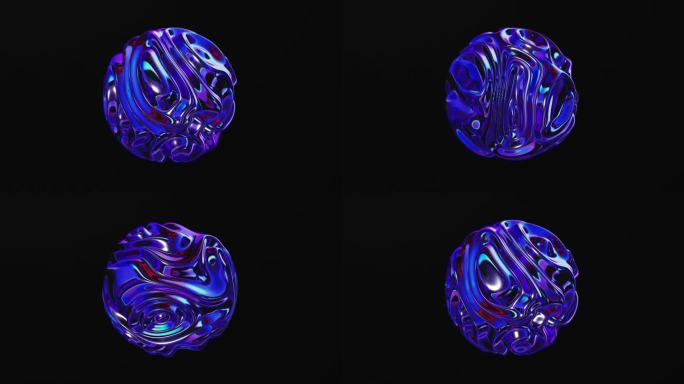 动画全息合成液体弯曲球在一个黑暗的背景。三维抽象催眠彩虹激光波球蓝色环。时尚光滑表面与干涉。4k时间