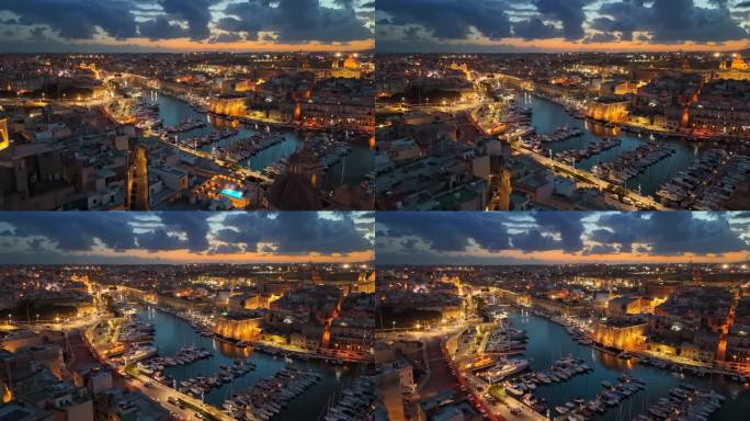 三个城市的鸟瞰图- Vittoriosa, Senglea和Cospicua -马耳他。史诗般的夜晚