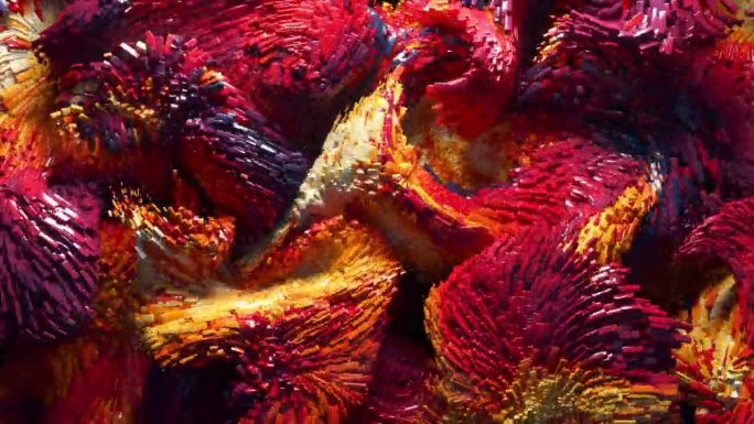 3d渲染抽象艺术视频动画3d背景与超现实运动移动节日波浪派对球球粒子液体物质在红黄渐变颜色