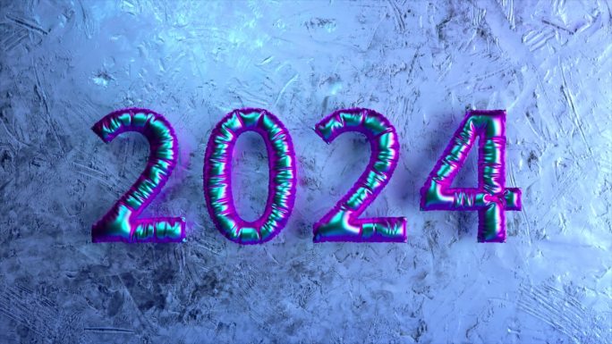 彩虹箔气球在纹理冰的背景上形成数字2024，唤起节日和冬季的气氛，3D动画