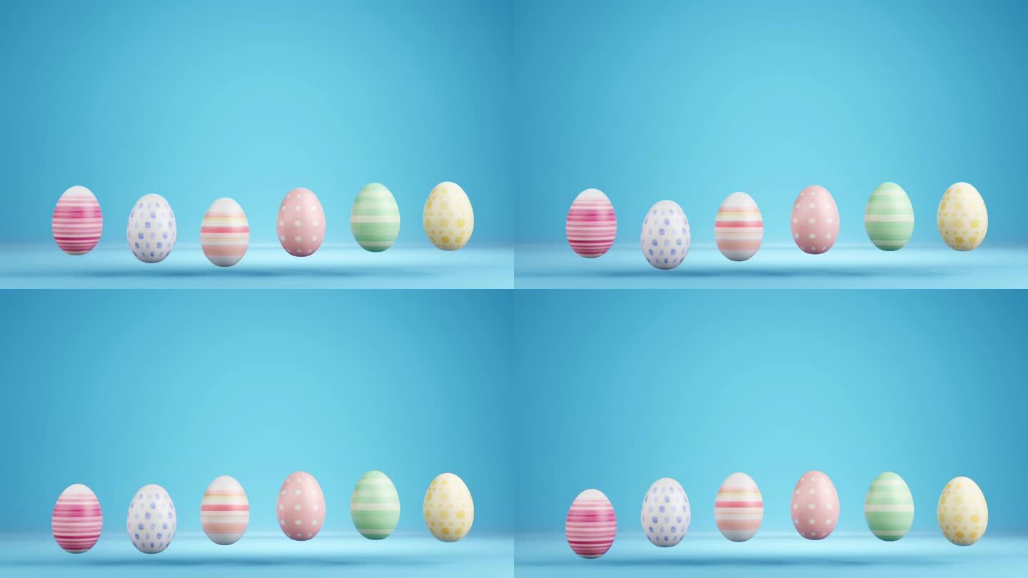 不同图案的彩蛋排列在蓝色的背景上