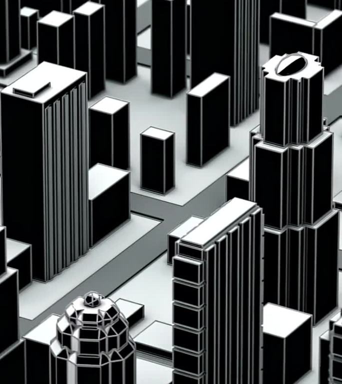 一个未来城市的黑白3D模型。建筑物慢慢地从地面上形成和出现。漫画风格