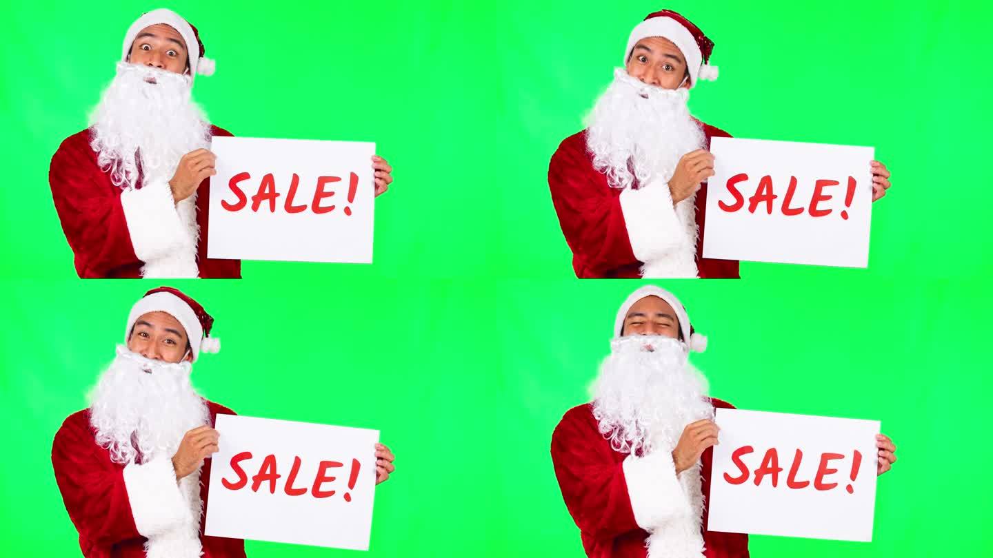 促销海报，圣诞节和圣诞老人在绿色屏幕上的假期，节日和庆祝活动。广告，节日和男性肖像与签名的折扣，讨价