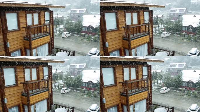 阿根廷火地岛首府乌斯怀亚，暴风雪中的木屋。